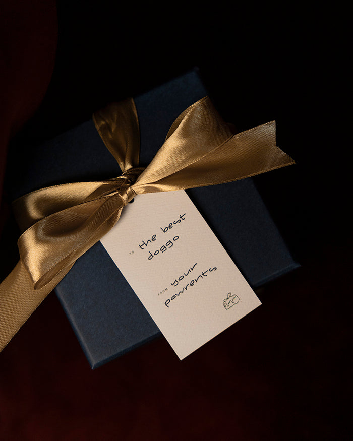 Navy blue gift box with a gold ribbon and a My Brunch Plans' gift tag on a dark background. To:" the best doggo" from: "your pawrents"