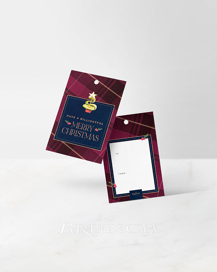 My Brunch Plans’ tartan linen gift tags on a white background. Front Design features 'have a dillightful merry christmas' with a dill pickle christmas tree. Back design features a writing area in white with a navy blue frame and holly berries with To and From against a tartan border.