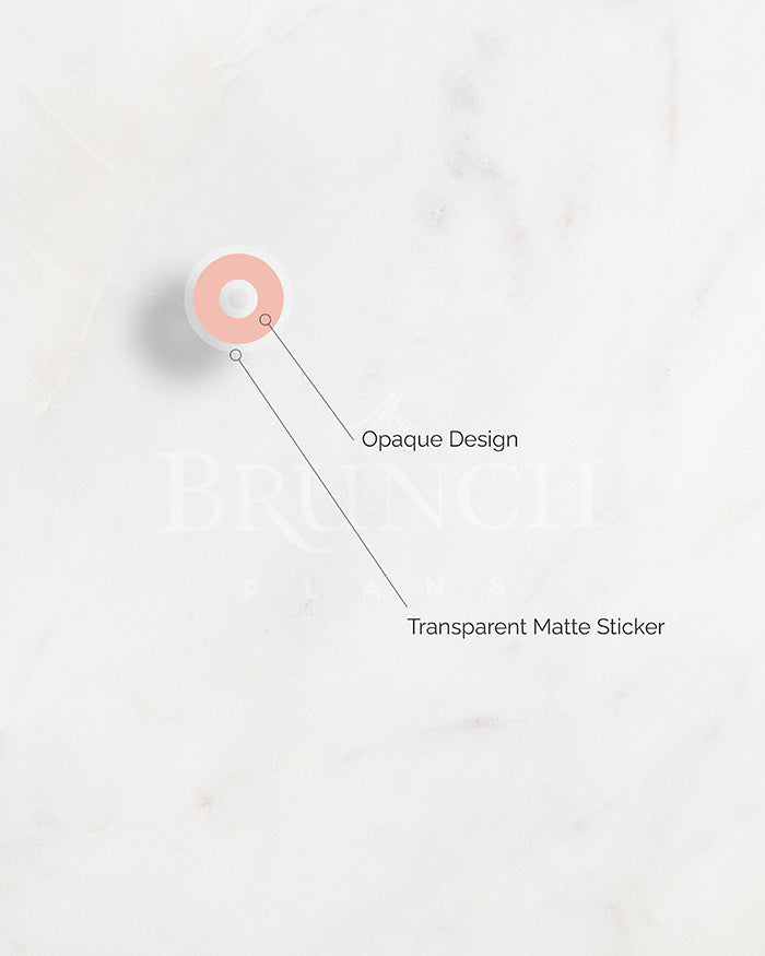 a diagram of My Brunch Plans’ donut shaped planner sticker in the color Rose diecut deco sticker showing the design is opaque printed on a matte transparent waterproof vinyl.