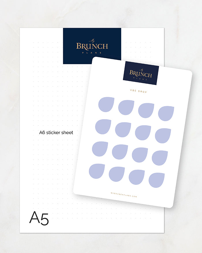 My Brunch Plans' drop shaped stickers in a6 compared to an A5 paper.