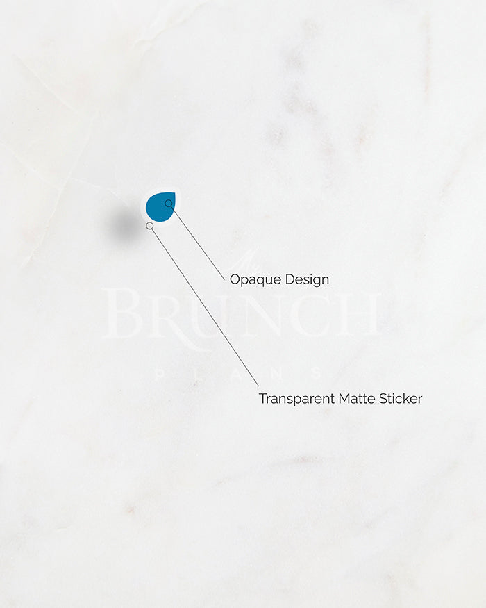 a diagram of My Brunch Plans’ droplet shaped planner sticker in the color Blue Spirulina diecut deco sticker showing the design is opaque printed on a matte transparent waterproof vinyl.