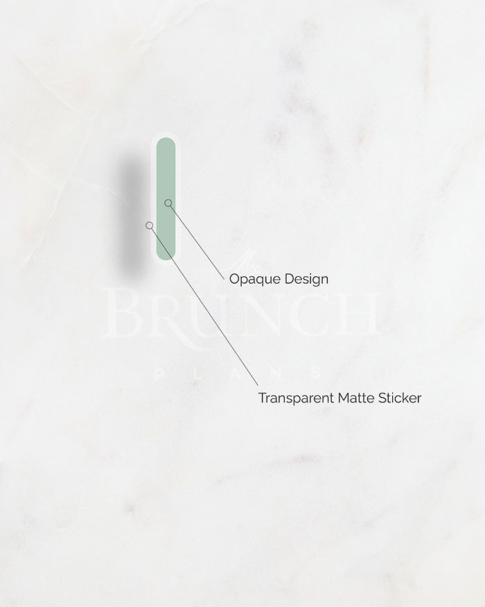 a diagram of My Brunch Plans’ eclair shaped planner sticker in the color Sage diecut deco sticker showing the design is opaque printed on a matte transparent waterproof vinyl.