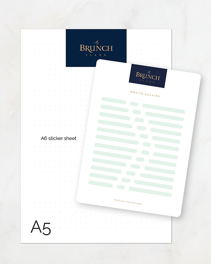 My Brunch Plans’ eclair shaped planner sticker in the color Mojito diecut deco sticker sheet size comparison to a A5 paper