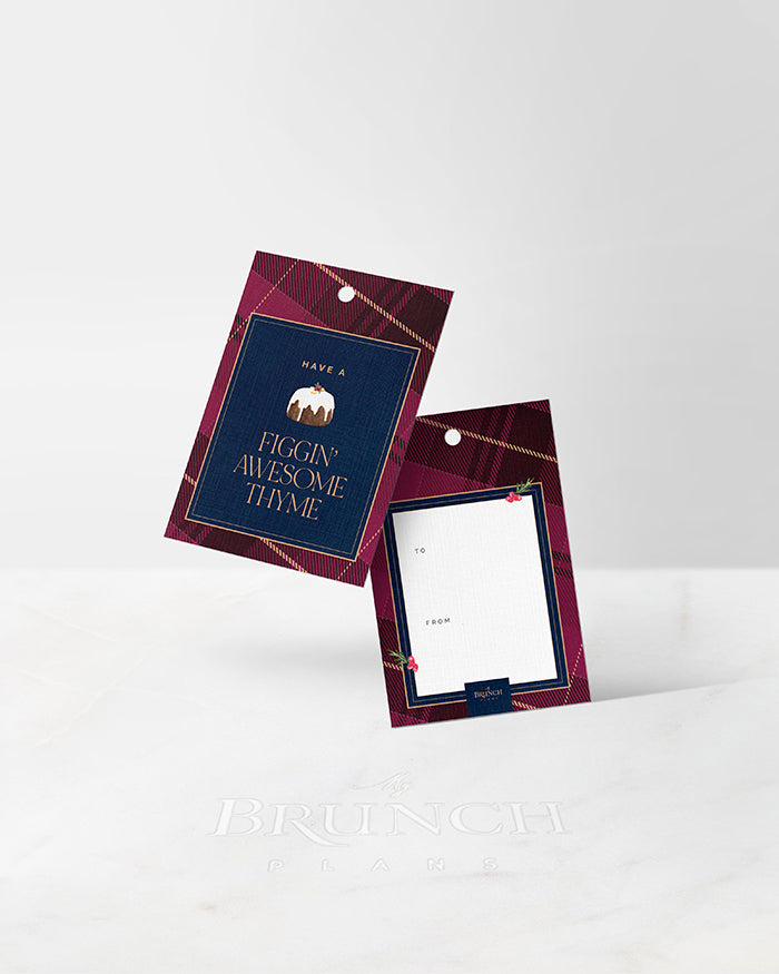 My Brunch Plans’ tartan linen gift tags on a white background. Front Design features 'have a figgin awesome thyme' with a figgy pudding. Back design features a writing area in white with a navy blue frame and holly berries with To and From against a tartan border.