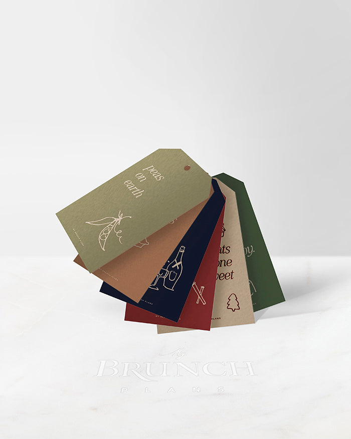 Stack of My Brunch Plans’ gift tags set of 5 on a white background. Description of set included in product description.