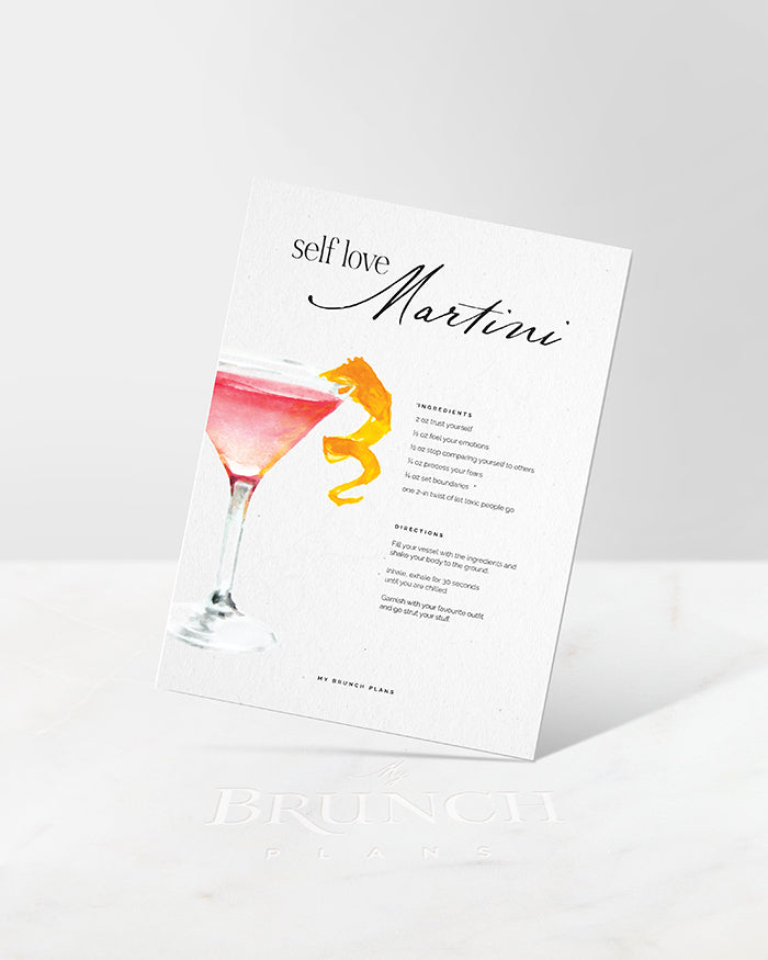 Card with a self-love martini recipe on a white background