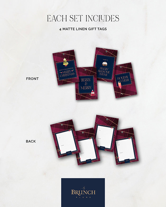 Details of My Brunch Plans’ tartan linen gift tags set. Description reads "each set includes 4 matte linen gift tags and shows the front and back of the designs. Product Description will list the designs that are included.