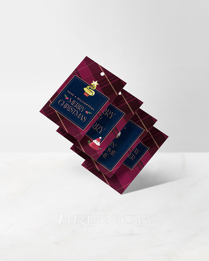 Stack of My Brunch Plans’ tartan linen gift tags on a white background