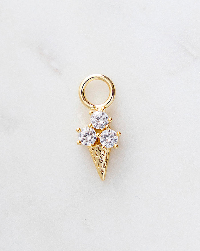 My Brunch Plans' Triple Scoop Ice Cream Cone Charm | 18k Gold Plated with CZ on a marble background, perfect for planners, notebooks and more.