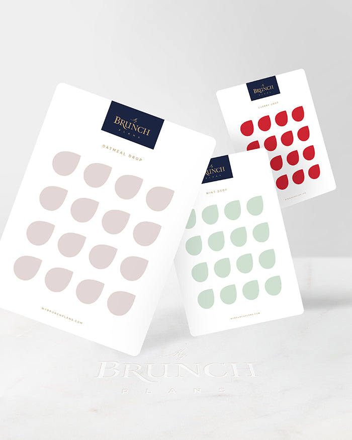 Three sheets of My Brunch Plans' drop shaped planner stickers in various colors.