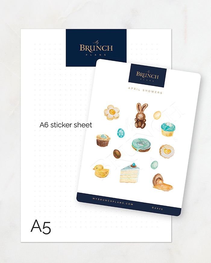 my brunch plans a6 sized sticker sheet with gouache easter themed desserts size comparison to an a5 sheet