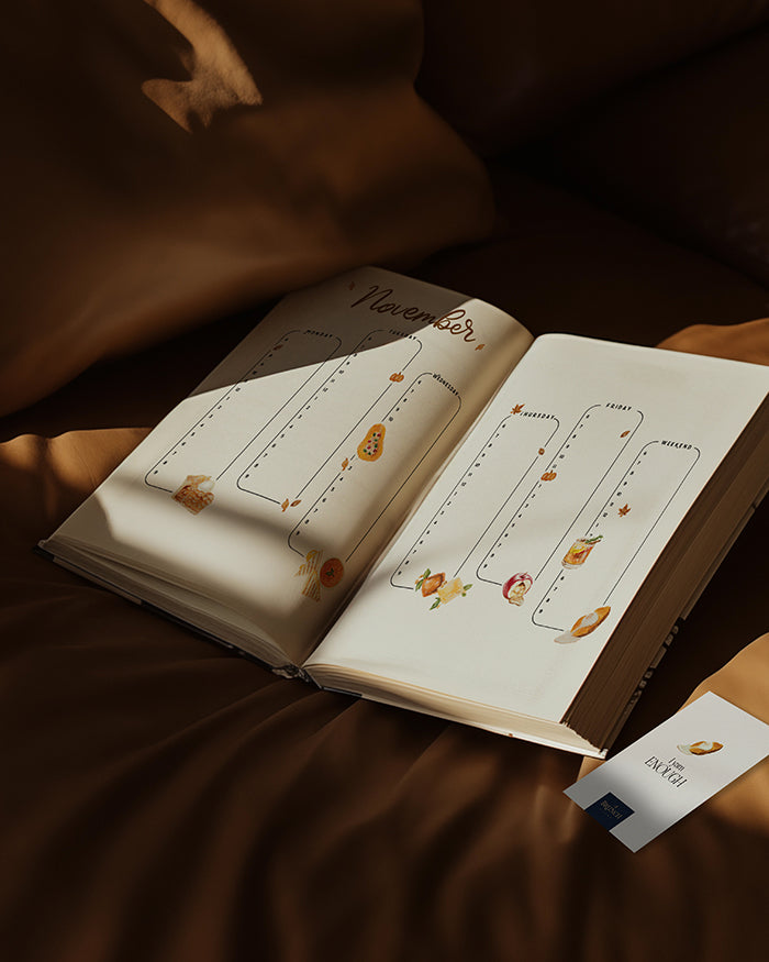 my brunch plans cozy autumn stickers used on a journal on a sofa