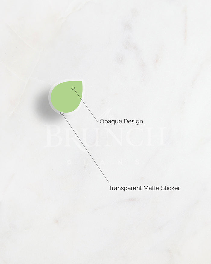 Green drop-shaped sticker on a white background with text indicating 'Opaque Design' and 'Transparent Matte Sticker'.