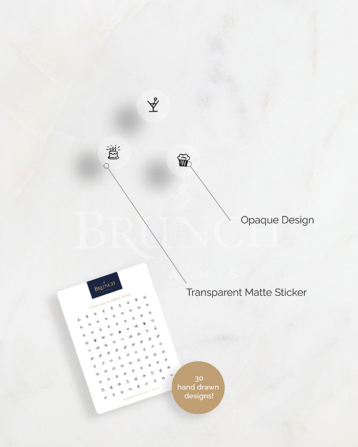 a diagram of My Brunch Plans’ drop shaped planner sticker in the style Lifestyle Icons diecut deco sticker showing the design is opaque printed on a matte transparent waterproof vinyl.