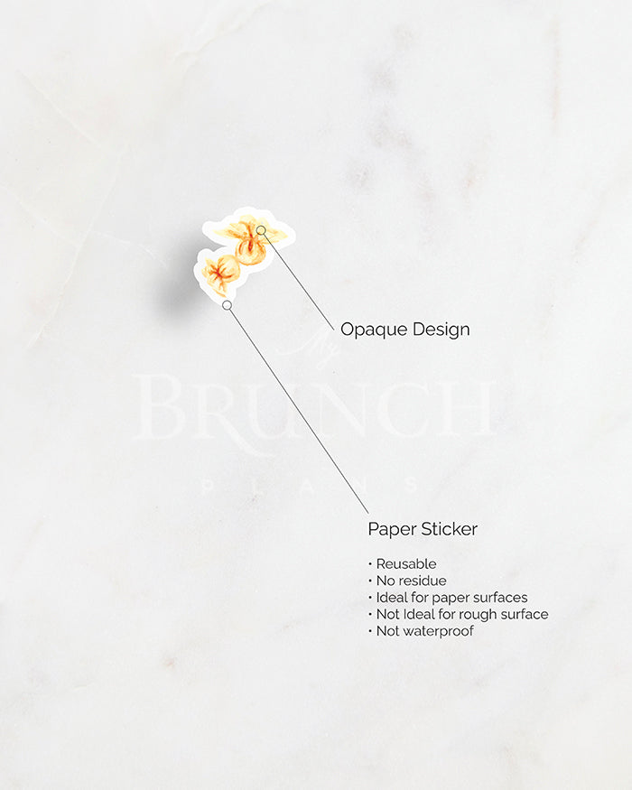 my brunch plans sticker detail. opaque design on paper sticker. resuable. no reside. ideal for paper surfaces. not ideal for rough surfaces. not waterproof.