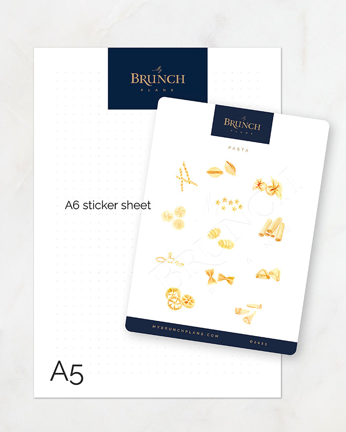 my brunch plans a6 sized sticker sheet with gouache pastas size comparison to an a5 sheet