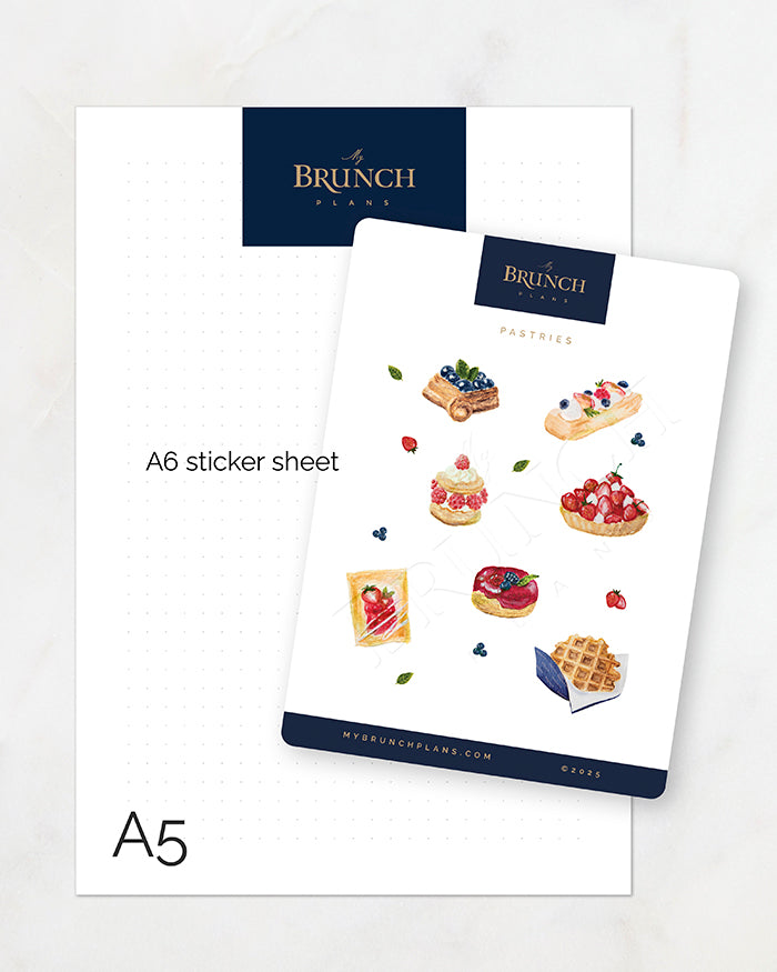 my brunch plans a6 sized sticker sheet with gouache pastry desserts size comparison to an a5 sheet