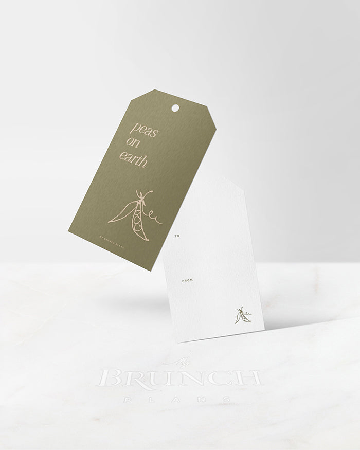 My Brunch Plans’ gift tag on a white background. Front Design features 'peas on a earth' with a hand drawn line art of sugar snap peas. Back design features a writing area with “to” and “from” and a hand drawn line art of sugar snap peas.