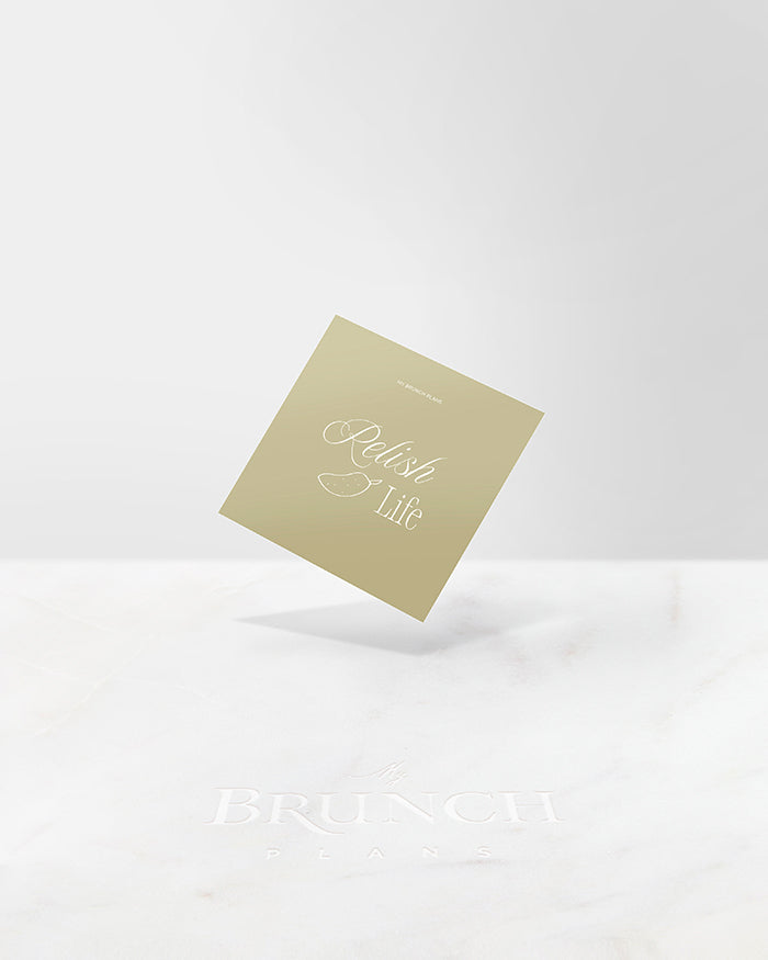 My Brunch Plans' planner card with the phrase "Relish life" on a relish green background and a hand drawn illustration of a relish on a marble background.