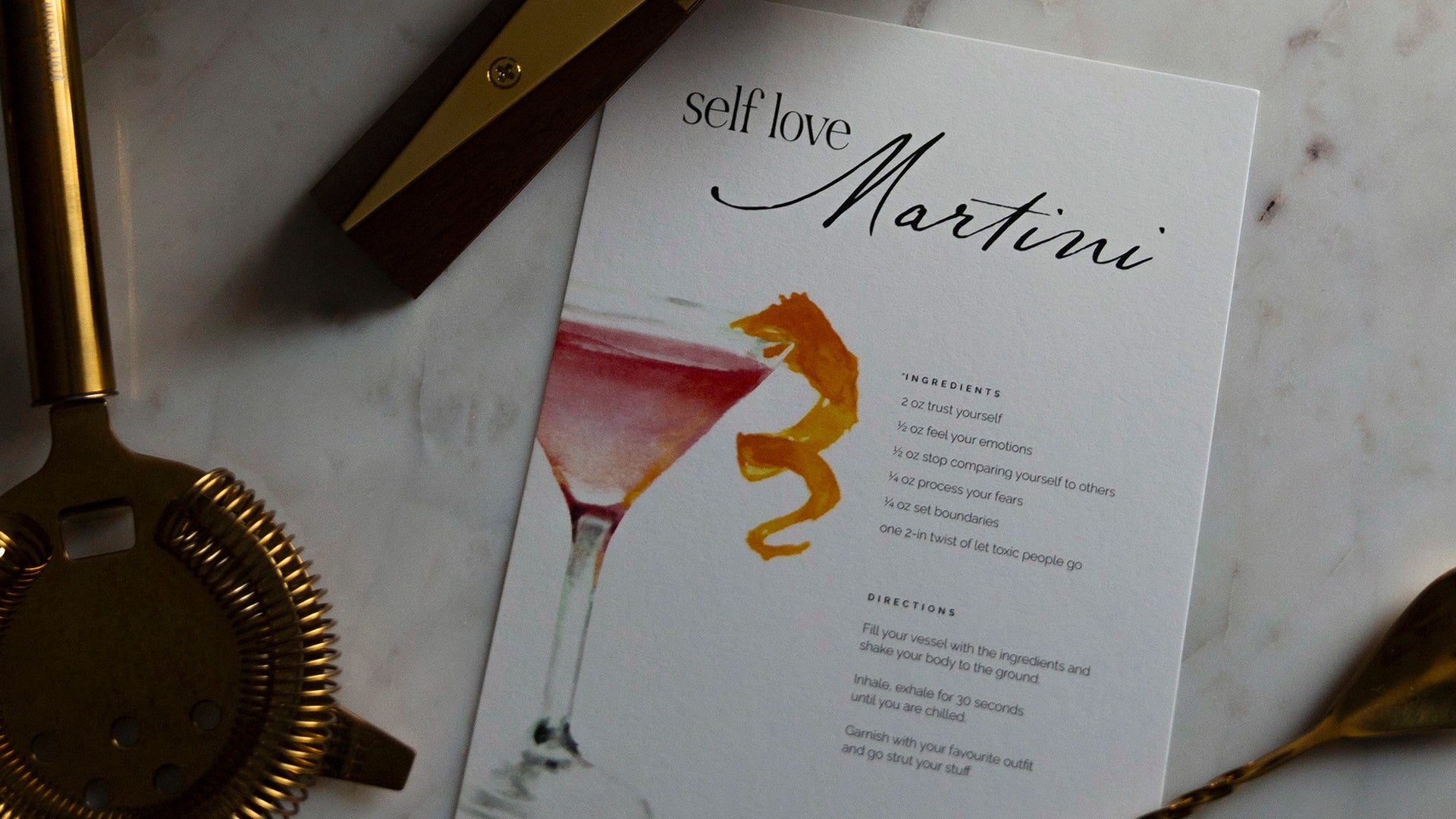 My Brunch Plans’  art print with 'self love Martini' text and cocktail illustration on a marble surface with bar tools.