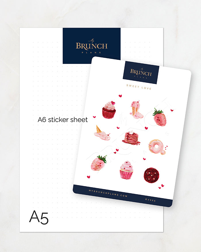 my brunch plans a6 sized sticker sheet  comparison to an a5 sheet