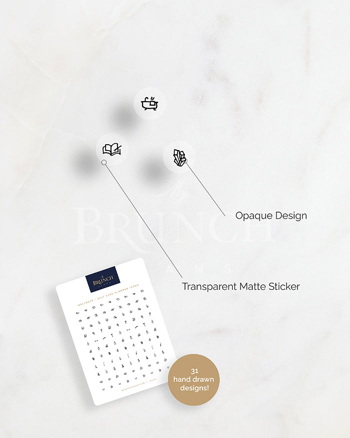 a diagram of My Brunch Plans’ drop shaped planner sticker in the style Wellness + Self Care Icons diecut deco sticker showing the design is opaque printed on a matte transparent waterproof vinyl.